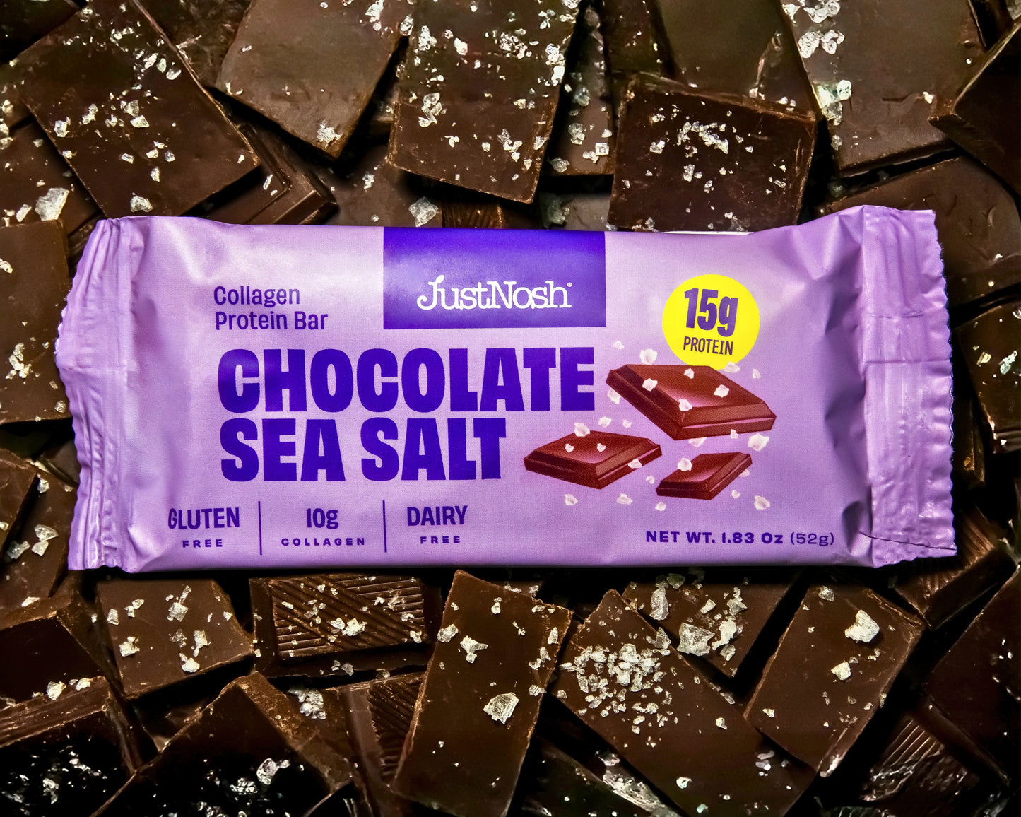 JustNosh Chocolate Sea Salt Collagen Protein Bar – 12 Pack (15g Protein, Peanut-Free)