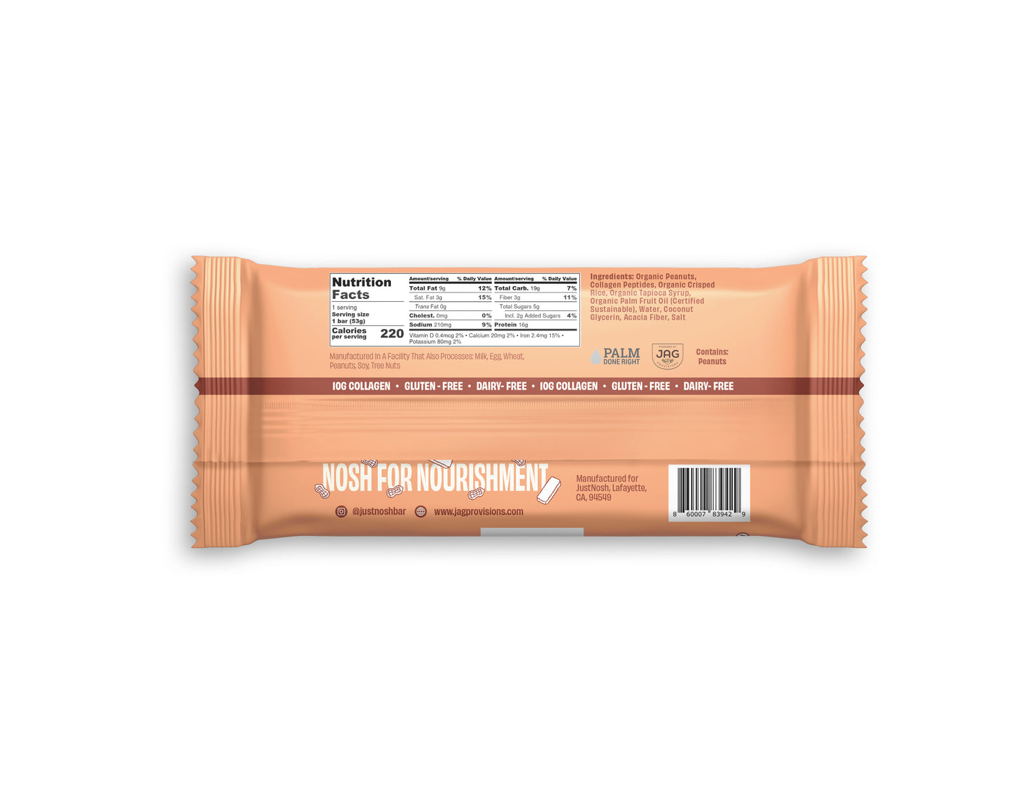 JustNosh Peanut Butter Collagen Protein Bar – 12 Pack (16g Protein)