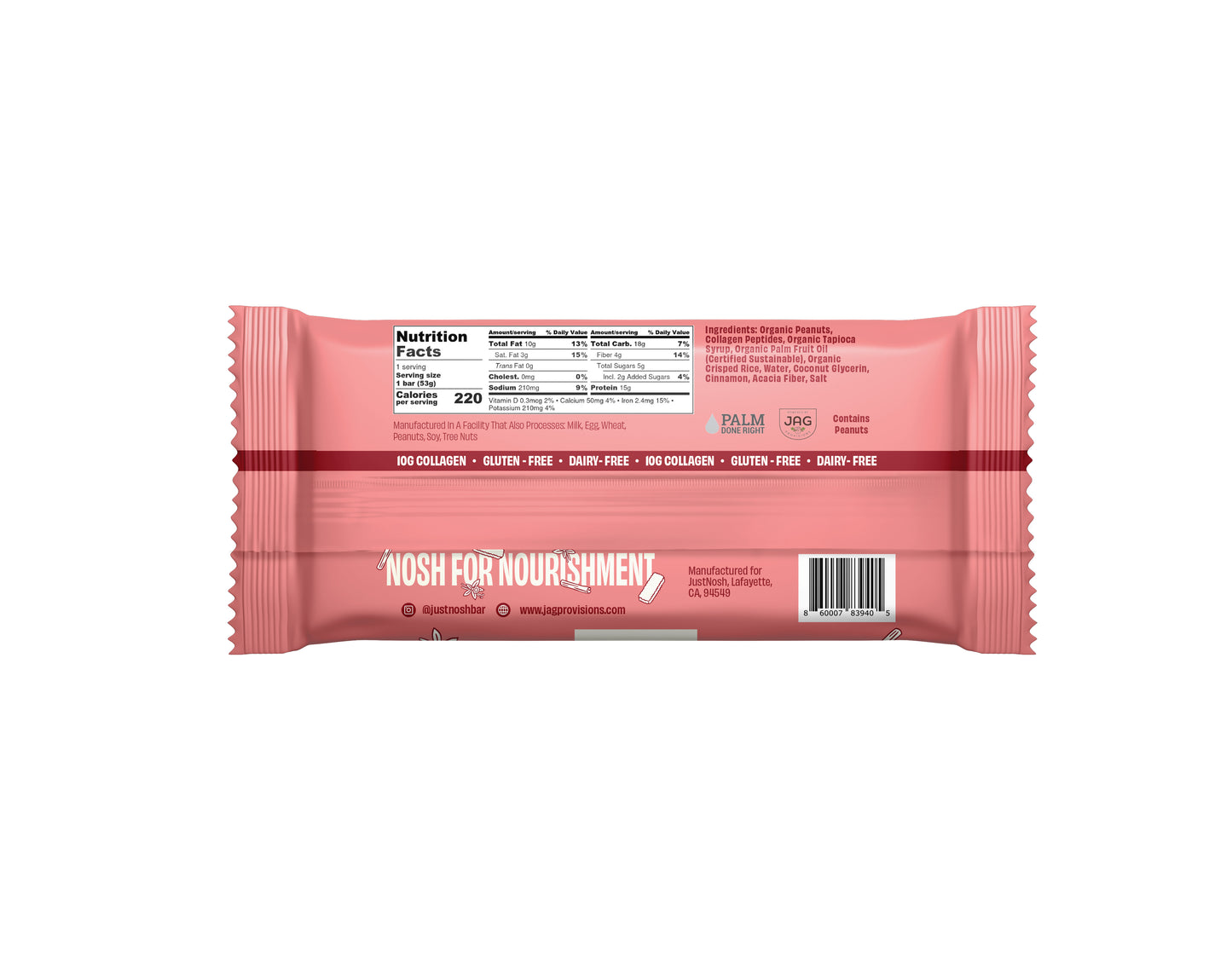 JustNosh Snickerdoodle Collagen Protein Bar – 12 Pack (15g Protein)