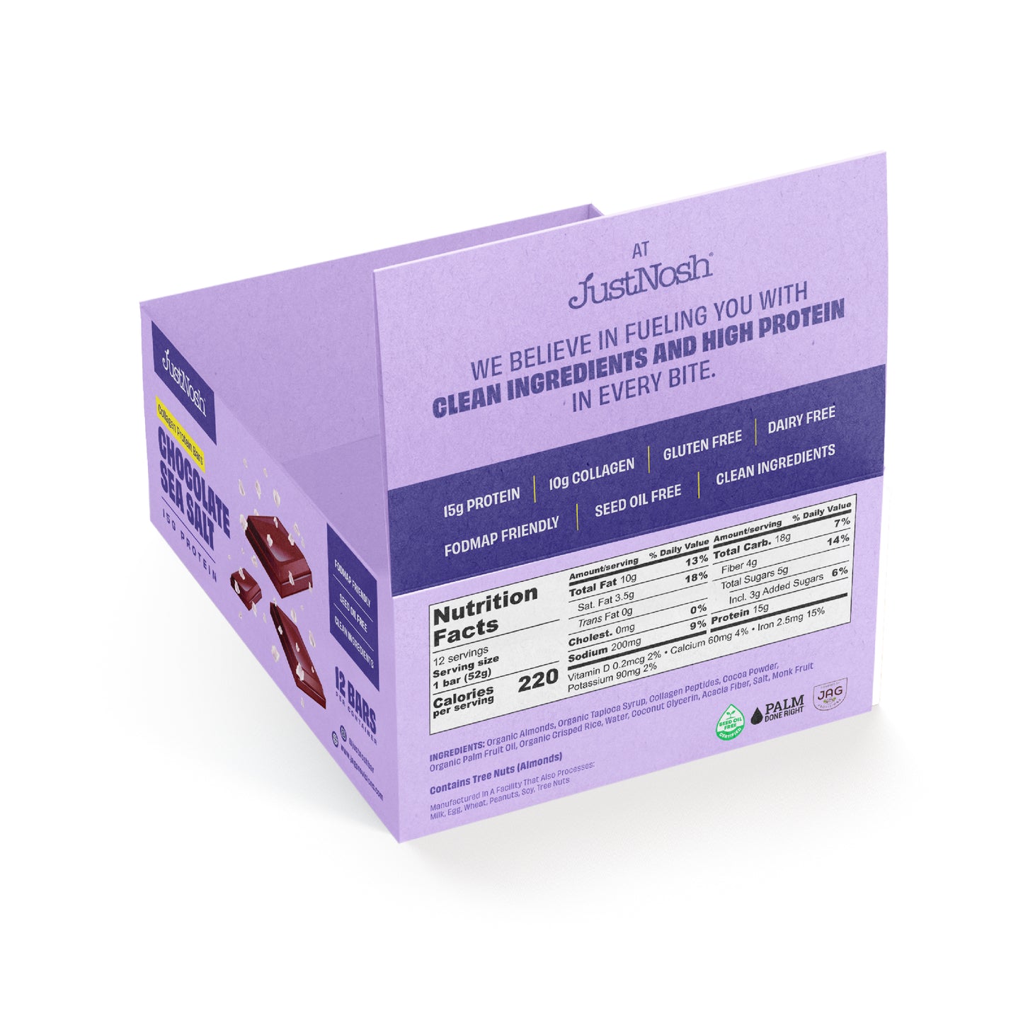 JustNosh Chocolate Sea Salt Collagen Protein Bar – 12 Pack (15g Protein, Peanut-Free)